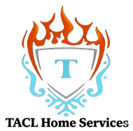 TACL Home Services logo with a shield, blue T, orange flames, and blue decorative swirls
