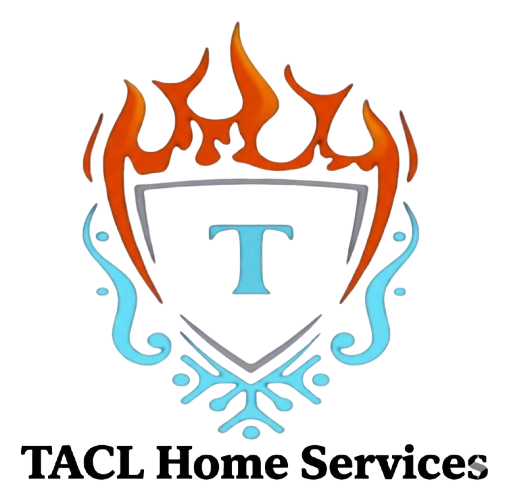 TACL Home Services logo with a shield, blue T, orange flames, and blue decorative swirls