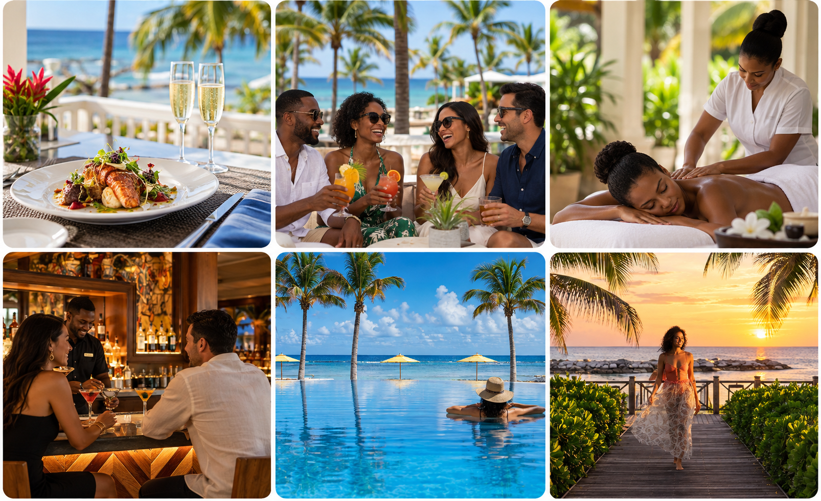 Luxury hotel collage with breakfast, poolside dining, drinks, and guests socializing outdoors