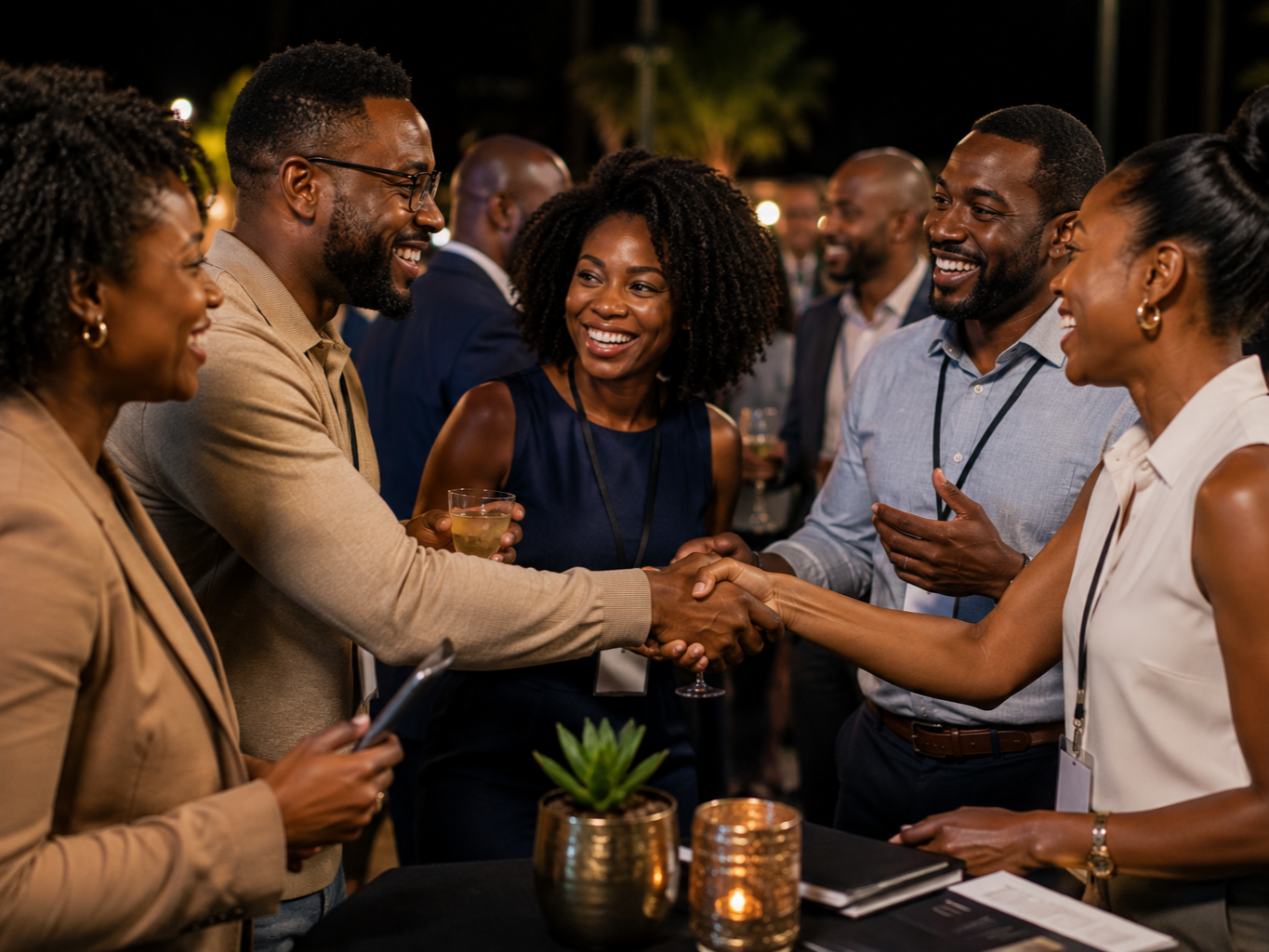 People chatting and smiling at a lively evening gathering around a candlelit table