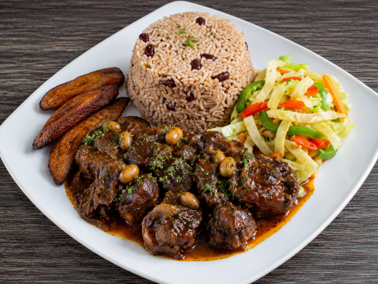 Plate of rice, stewed meat, fried plantains, and mixed cabbage salad