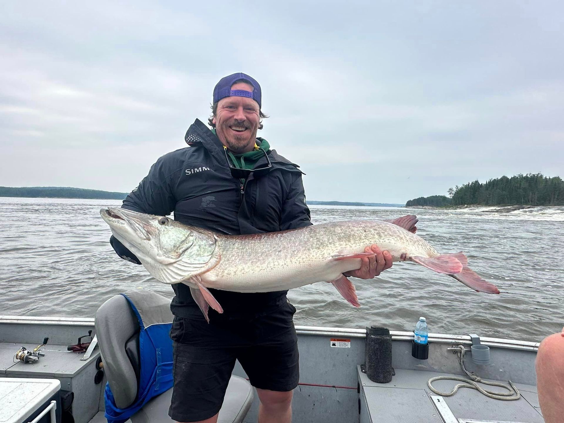 A man is standing on a boat holding a large muskie.