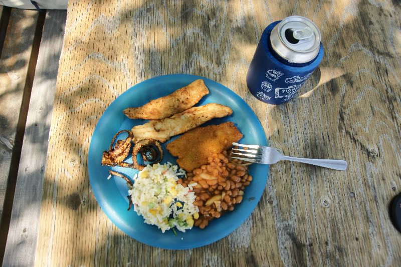 A plate of food on a table next to a can of pepsi
