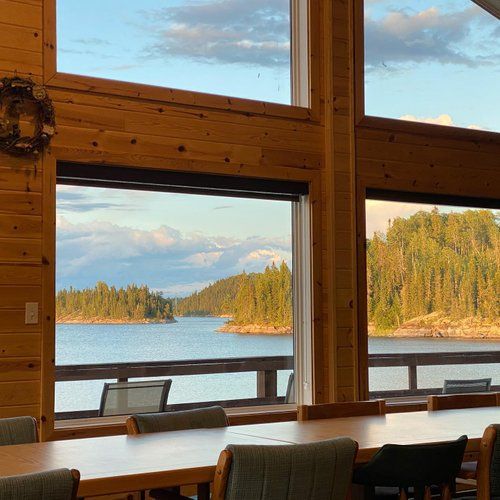 Dining room looking out to oak lake walleye fishing ontario