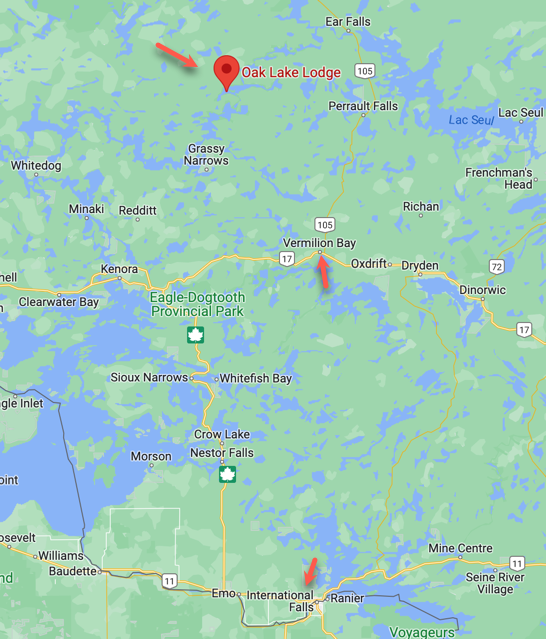 A map showing International Falls, Vermilion Bay and Oak Lake Lodge.