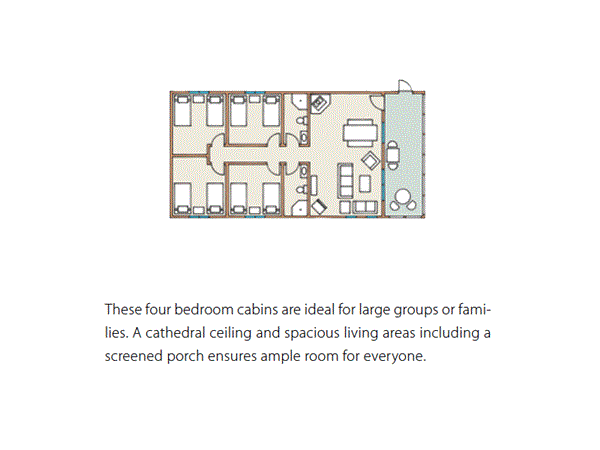 A floor plan of a four bedroom cabin with a cathedral ceiling and spacious living areas including a screened porch.