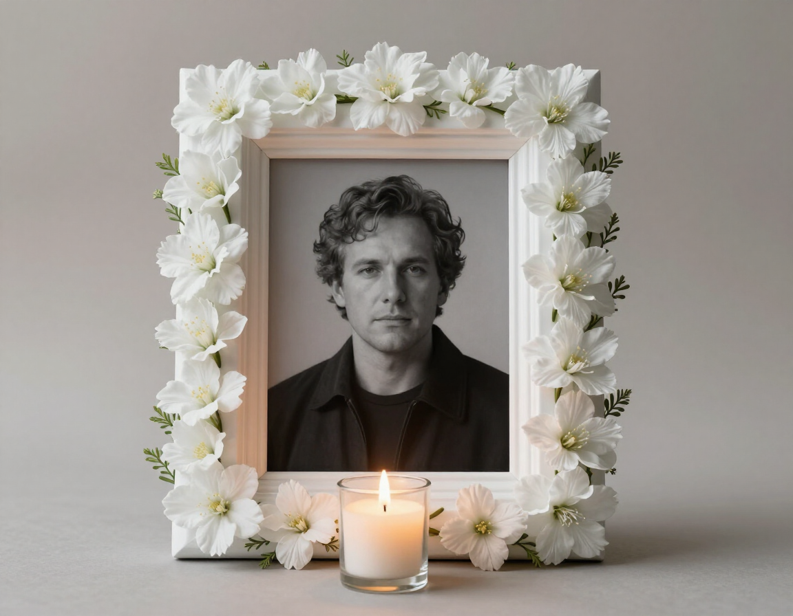 Allestimento commemorativo con fiori bianchi e candela