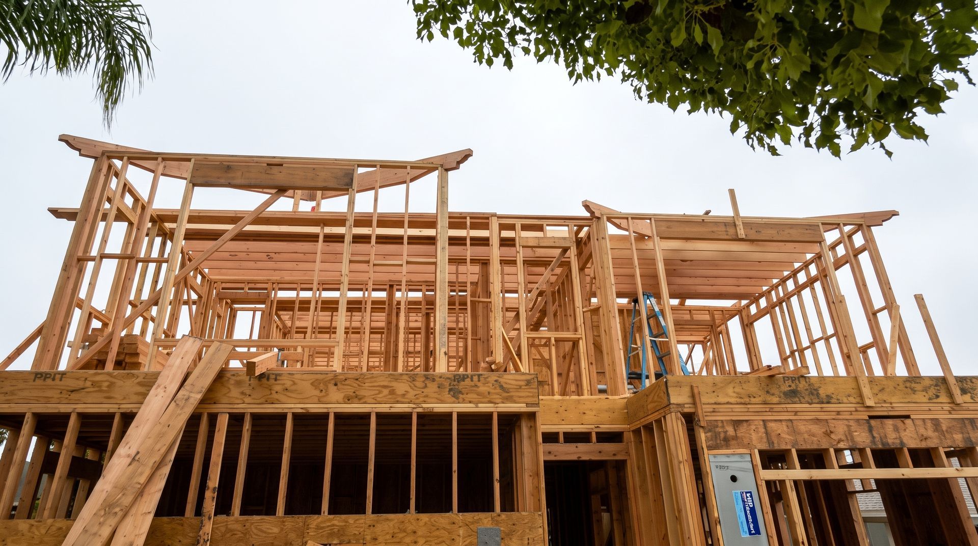 Wood-framed house under construction with exposed beams and scaffolding, viewed from below among trees