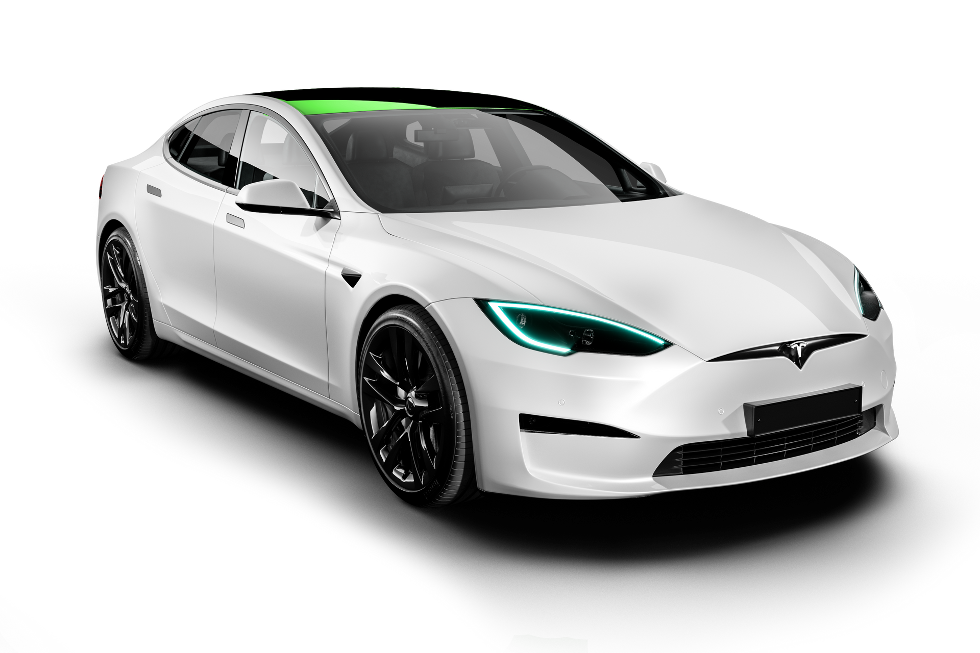 White Tesla Model S with black wheels and green accents.