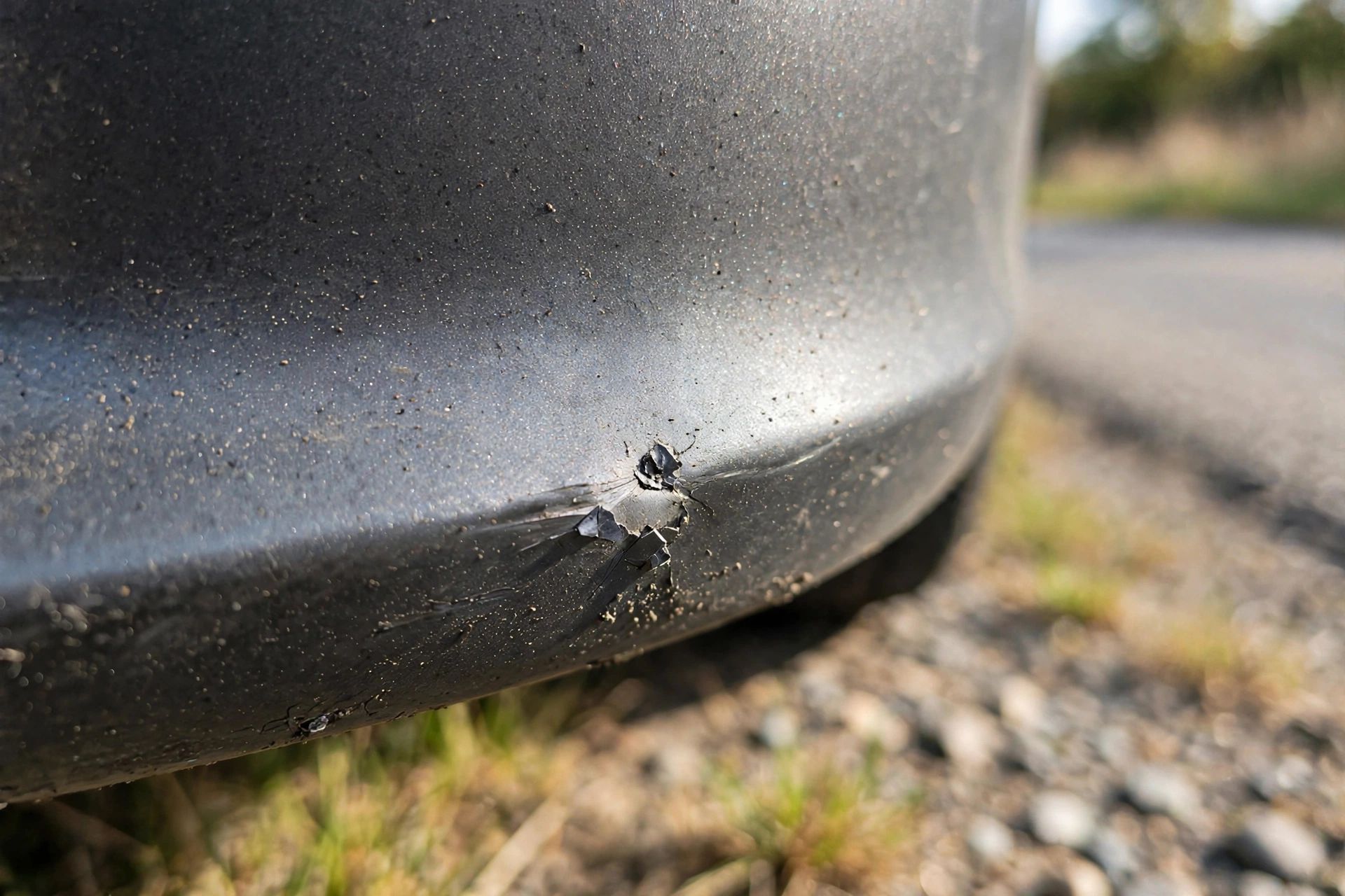 Close-up of a black car bumper with a small chip or dent near the bottom edge.