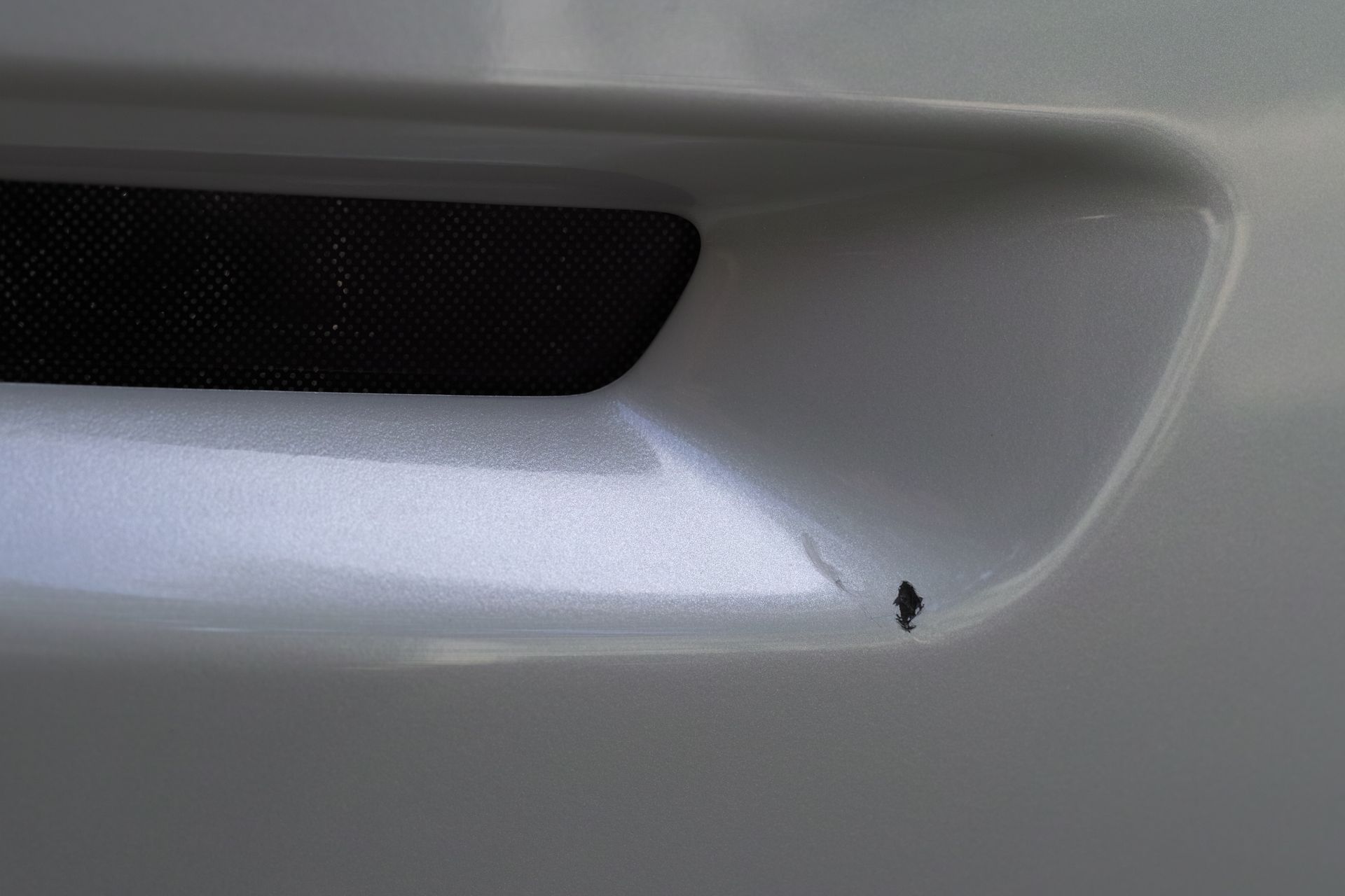 Close-up of a silver car door handle with a small paint chip near the edge