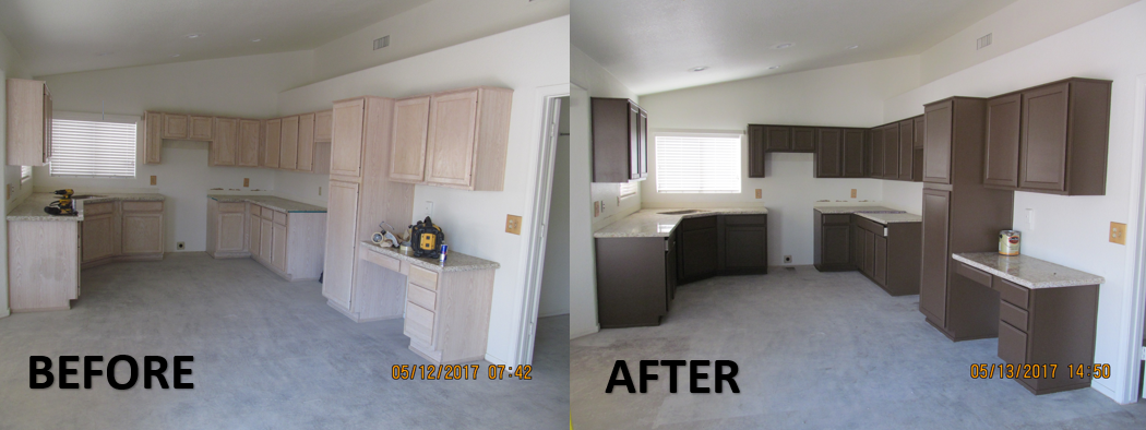 A kitchen renovation. Before with beige cabinets, after with dark brown cabinets.