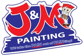 Logo for J & M Painting: Red letters, paintbrush mascot, blue background, tagline: "We take the PAIN out of PAINTing!"