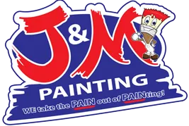 Logo for J & M Painting: Red letters, paintbrush mascot, blue background, tagline: "We take the PAIN out of PAINTing!"