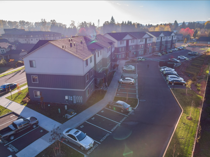 Hickory Hollow Apartments in North Albany OR – apartment community and parking aerial view – 2.