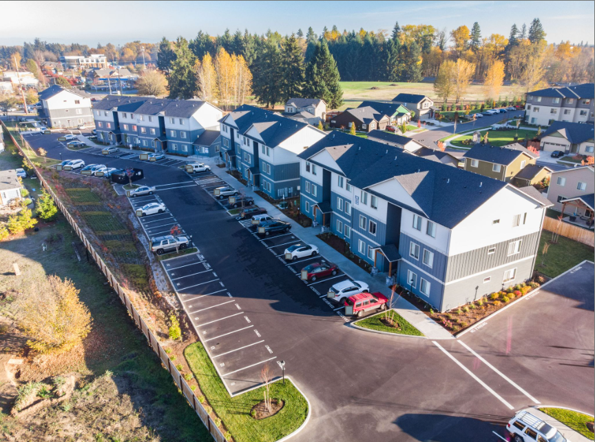 Hickory Hollow Apartments in North Albany OR – apartment community and parking aerial view – 1. 
