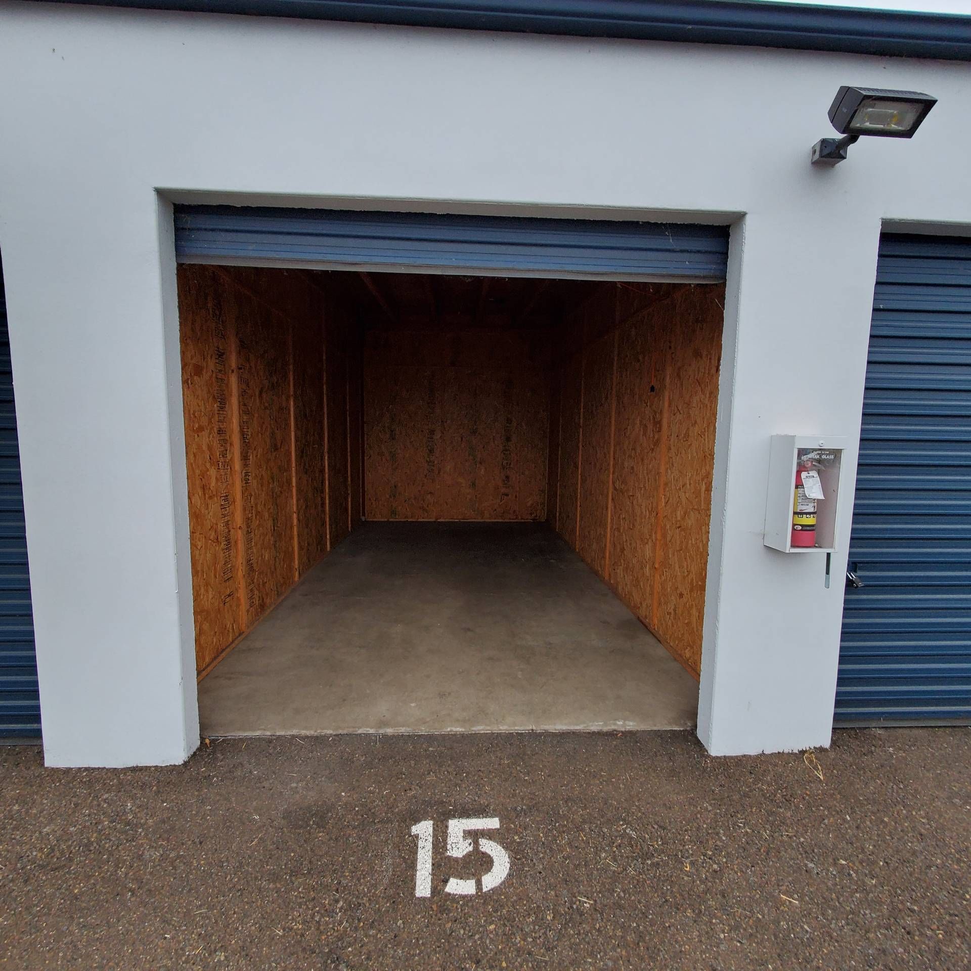 34 Self Store in Tangent Oregon, near Oregon State University – smaller storage unit looking in and fire extinguisher. 