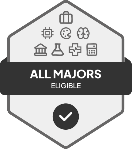 Badge with blue banner: 