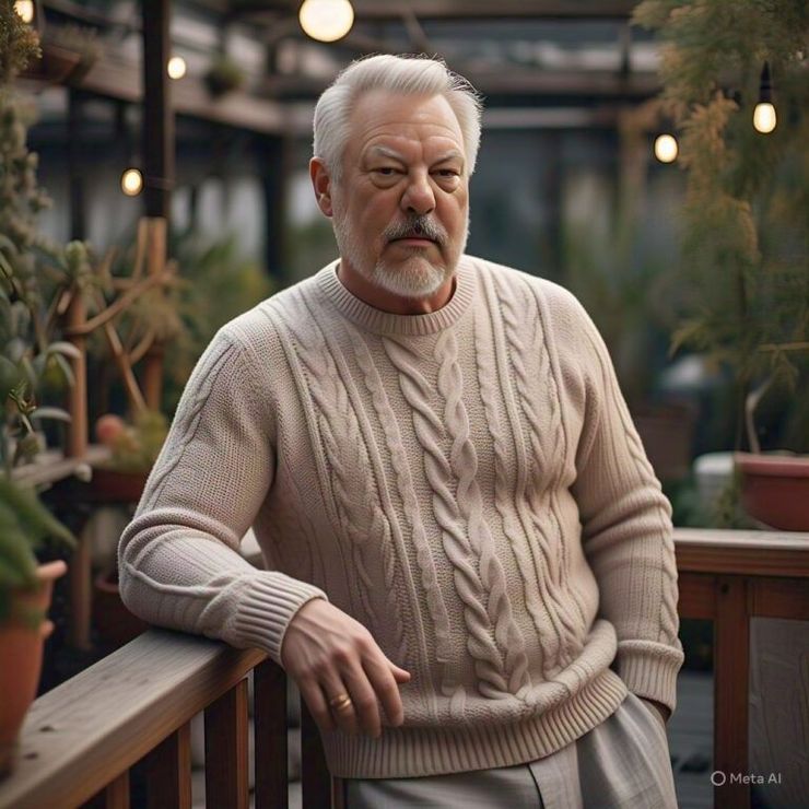 A man with a beard is leaning on a railing wearing a sweater