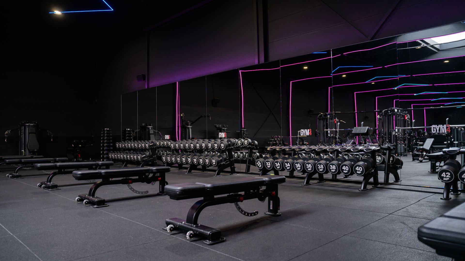 Rijen halters, gewichtsbanken en fitnessapparaten in een donkere sportschool met paarse neonverlichting.