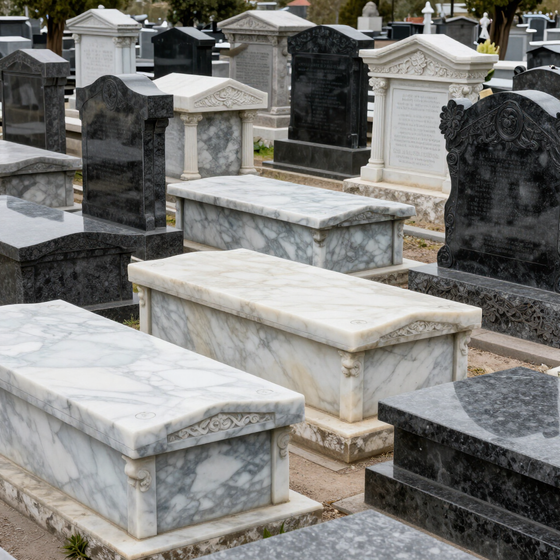 Monumento funerario in granito scuro e marmo chiaro in un viale cimiteriale