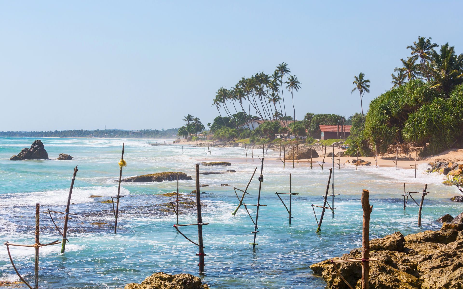 Rocky tropical beach with turquoise surf, palm trees, and fishing stakes along the shoreline