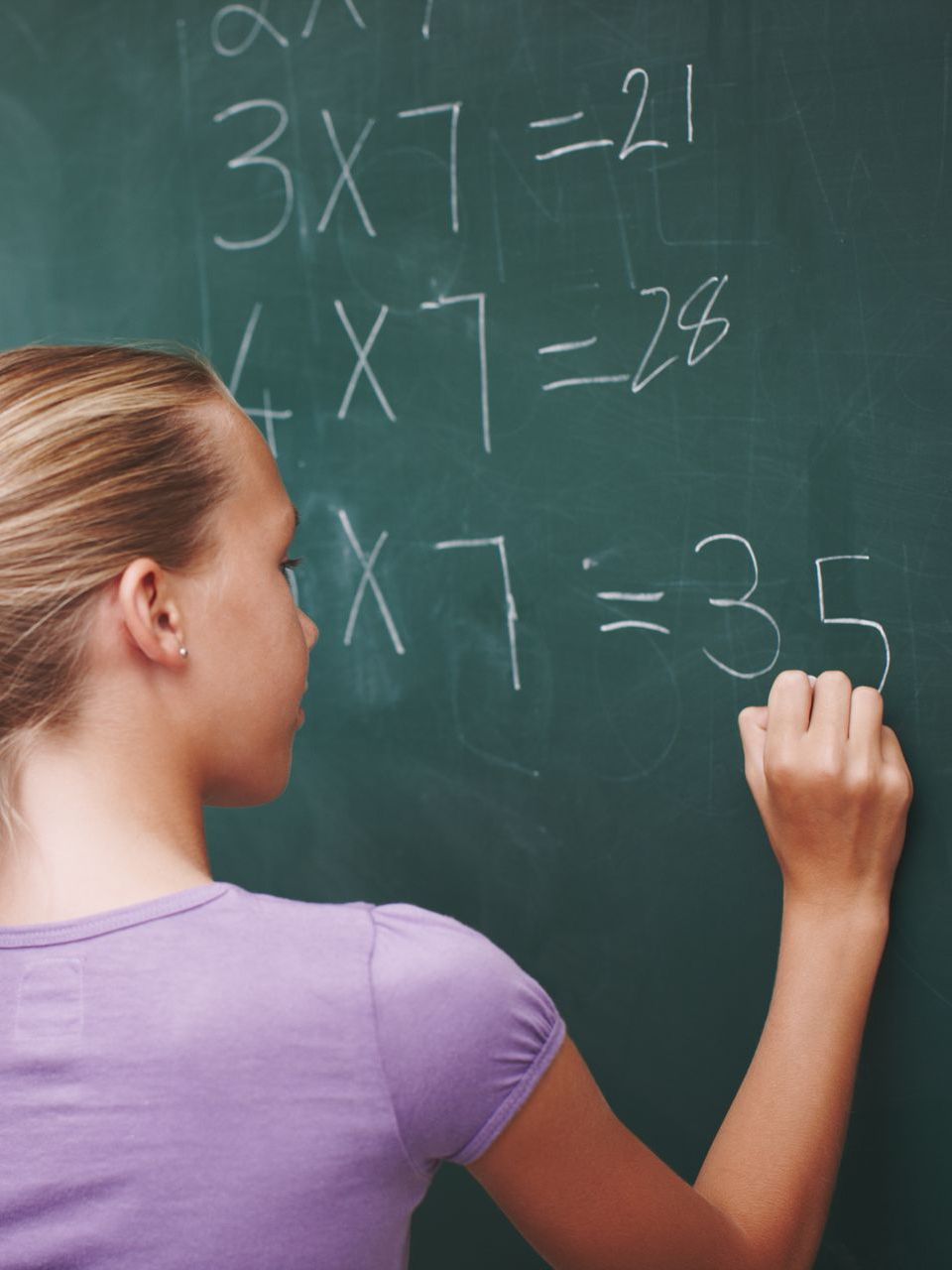 Girl writing math problems on a green chalkboard; the equations are multiplication with the number 7.