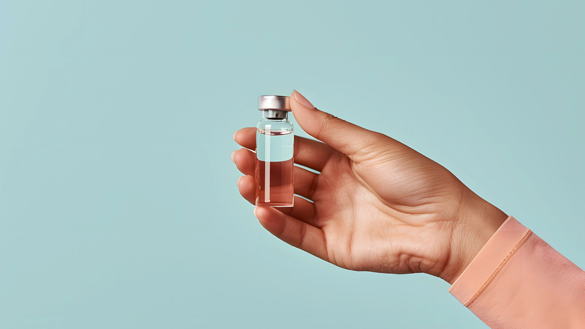 Hand holding a small glass vial against a light blue background