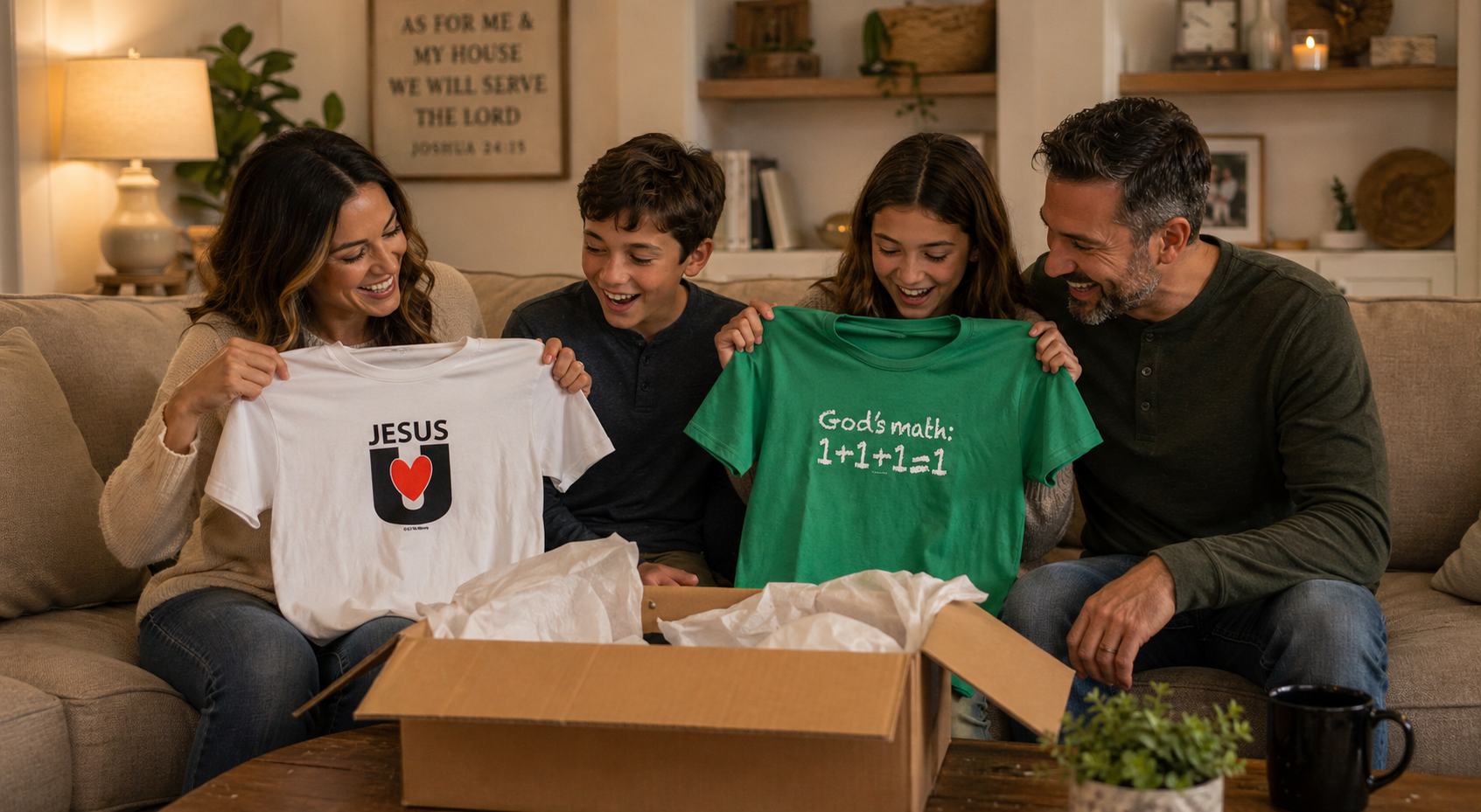 Family on a couch opening a box with two personalized T-shirts in a cozy living room.