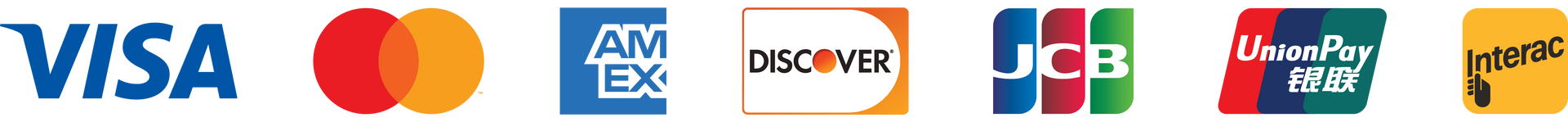 Logos for Visa, Mastercard, American Express, Discover, JCB, UnionPay, and Diners Club payment cards