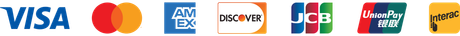 Logos for Visa, Mastercard, American Express, Discover, JCB, UnionPay, and Diners Club payment cards