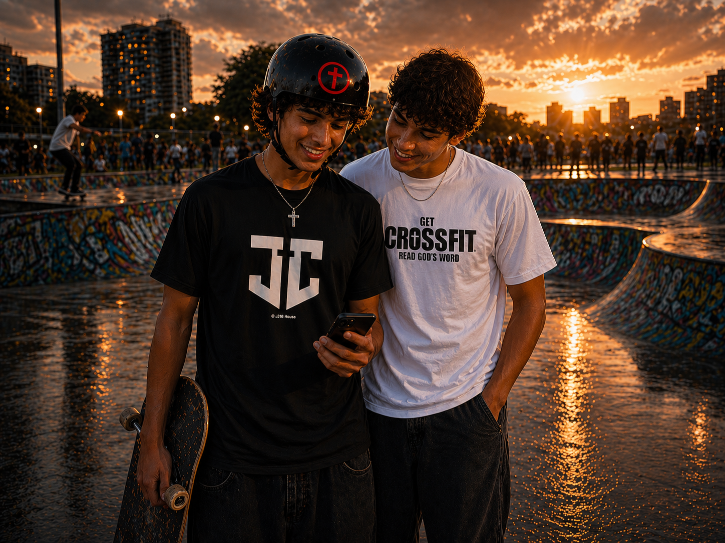 Two friends standing together by a skate park at sunset, one holding a phone and both smiling.