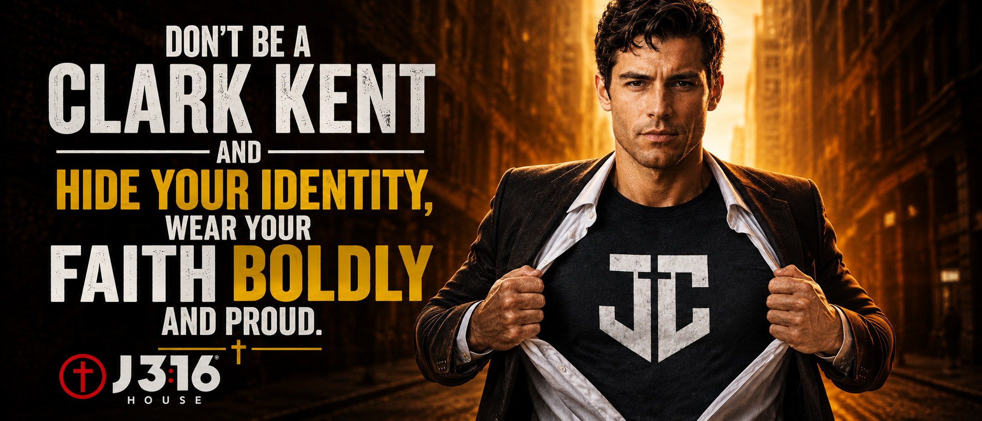 Promotional poster of a man in a black shirt with “TC” logo and text: “Don’t be a Clark Kent… hide your identity, wear your faith boldly.”