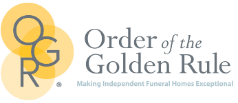 Logo for Order of the Golden Rule with gold interlocking circles and gray text, “Making Independent Funeral Homes Exceptional”