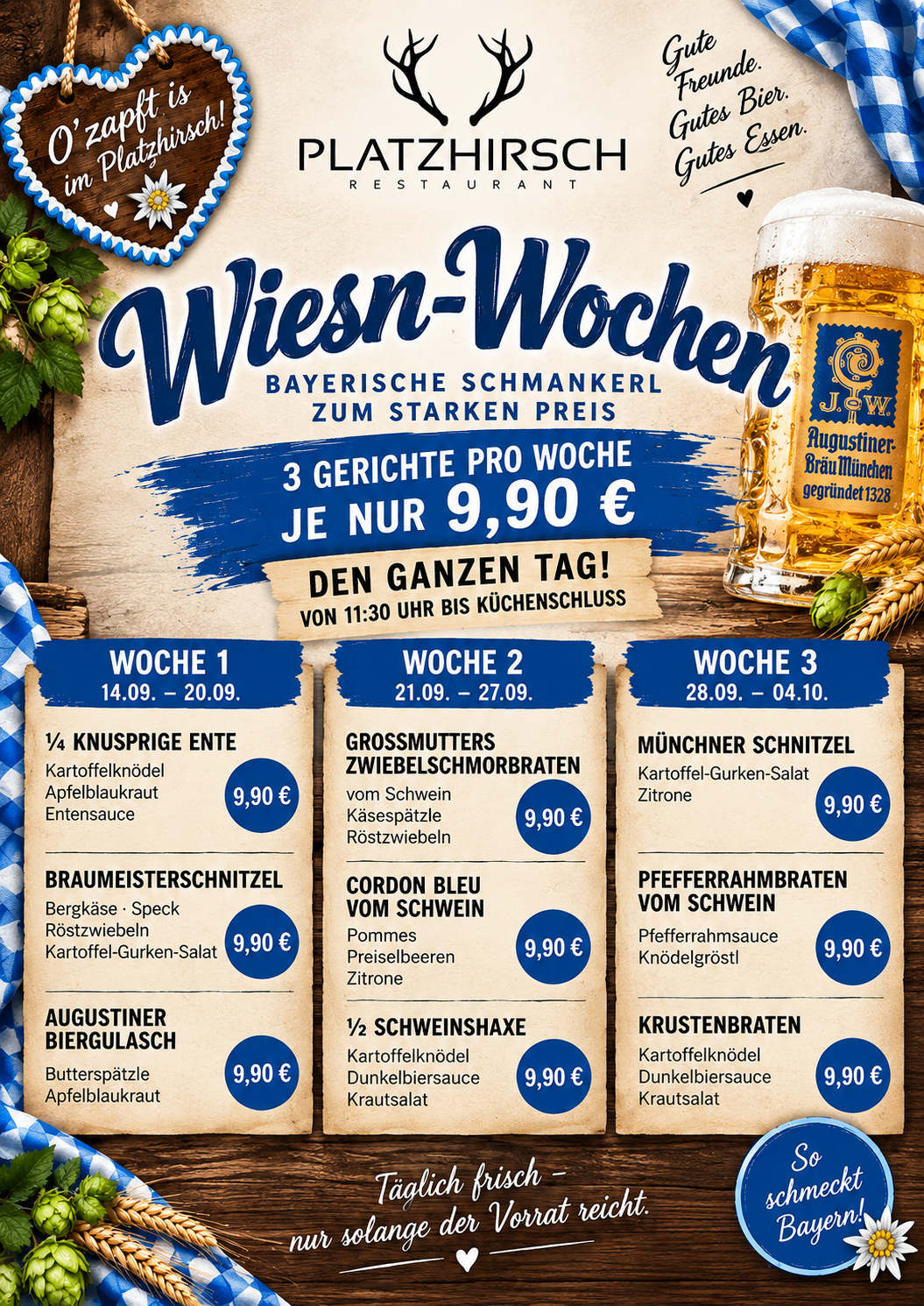 Wiesn-Wochen im Platzhirsch vom 14. September bis 4. Oktober: drei wechselnde Gerichte pro Woche zu je 9,90 Euro