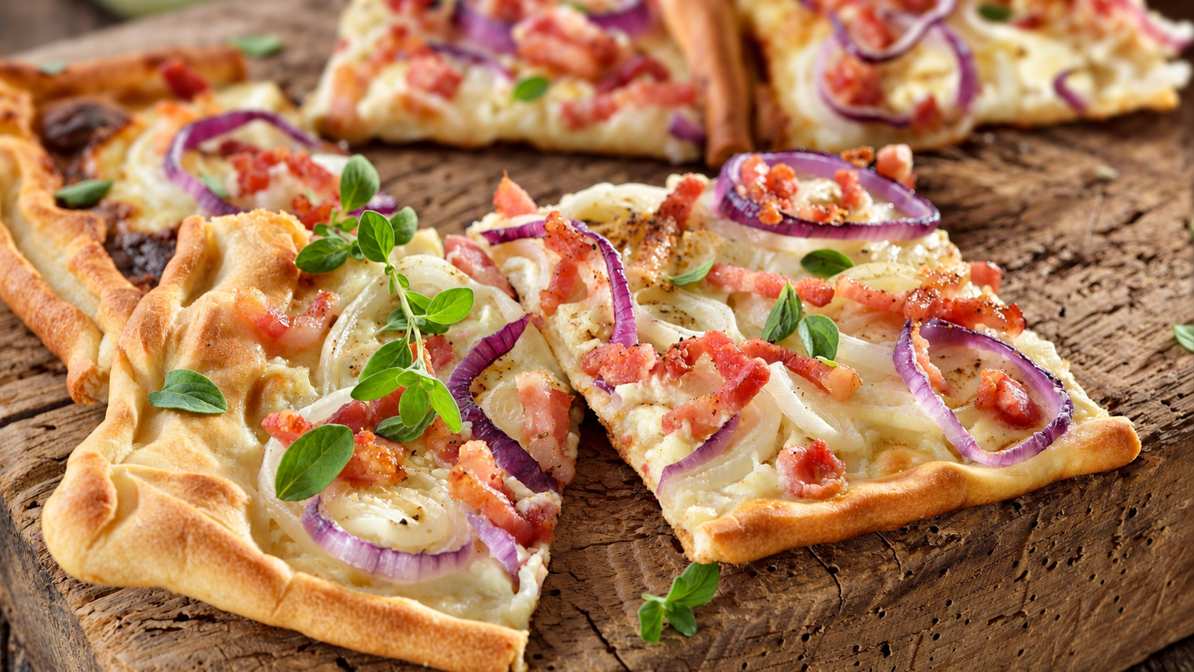 Flammkuchen mit Zwiebeln und Kräutern auf einem Holzbrett – bearbeitetes Foto