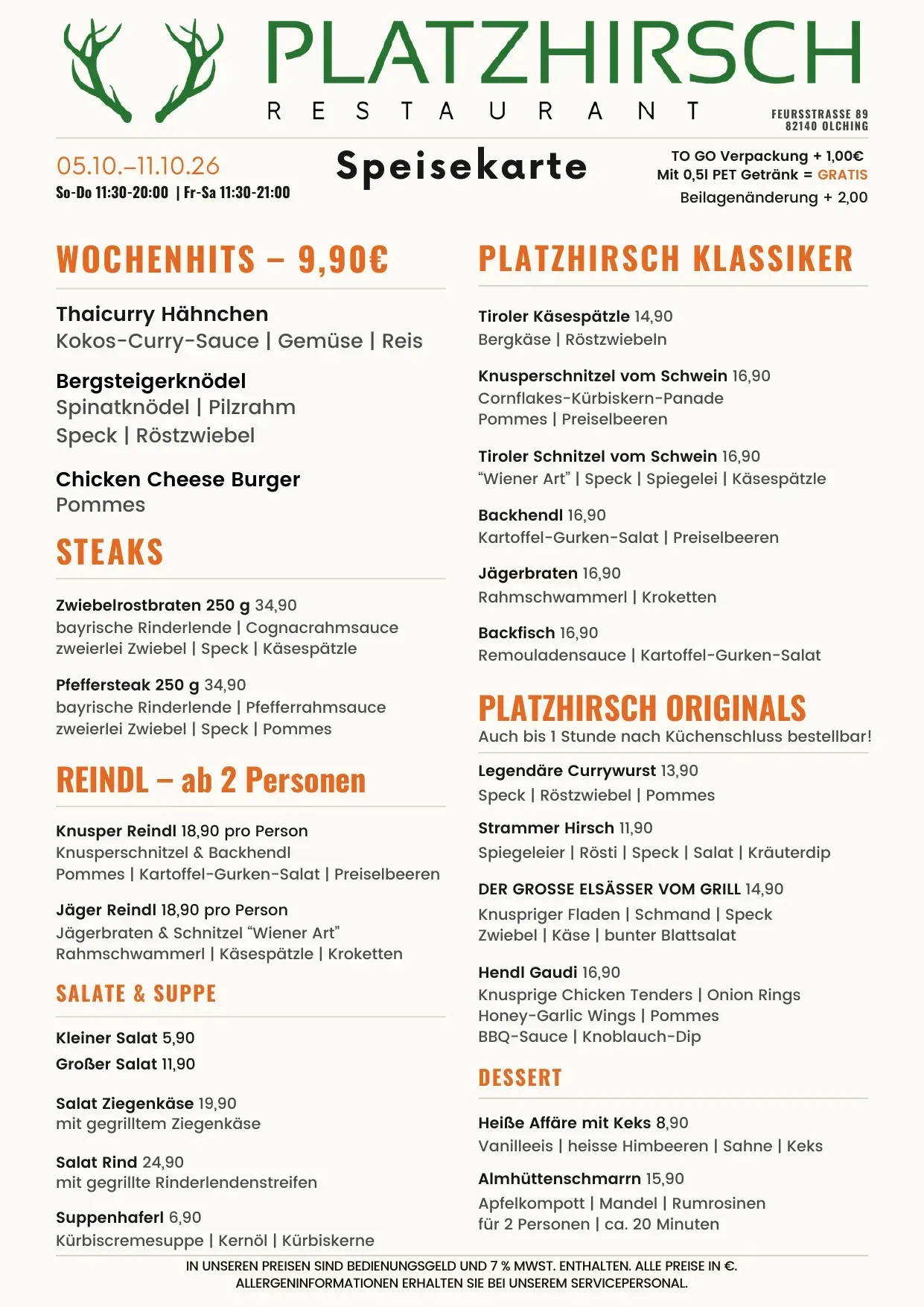 Speisekarte Platzhirsch KW 41 – gültig vom 5. bis 11. Oktober 2026