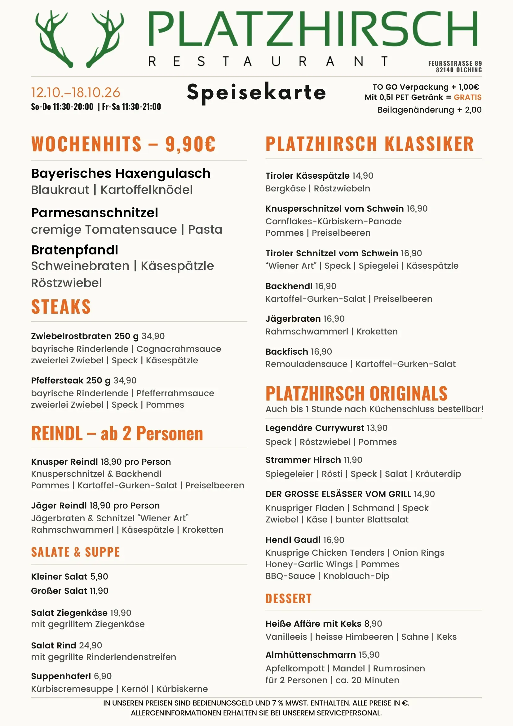 Speisekarte Platzhirsch KW 42 – gültig vom 12. bis 18. Oktober 2026