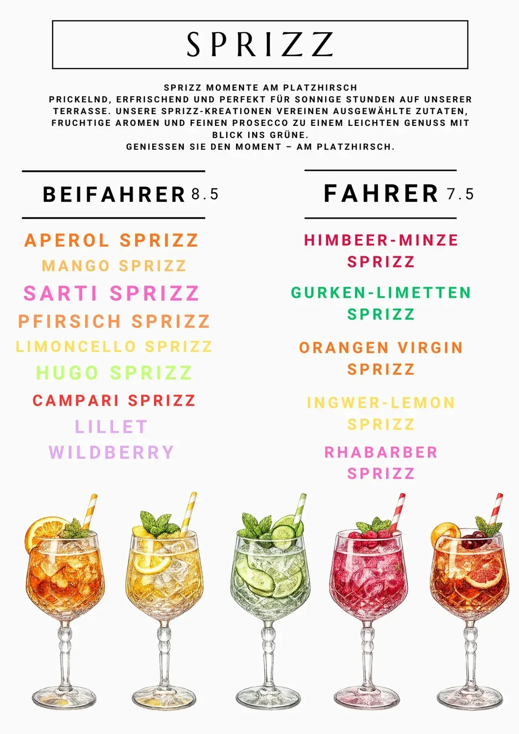 Sprizz-Karte Platzhirsch Restaurant Olching: Beifahrer-Spritz für 8,50 € und alkoholfreie Fahrer-Spritz für 7,50 €, je 650 ml