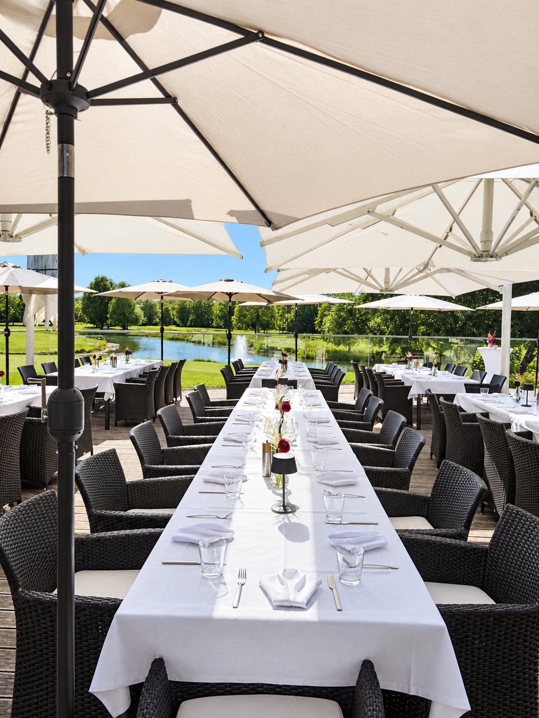 Festlich gedeckte Terrasse des Restaurant Platzhirsch in Olching – bearbeitetes Originalfoto
