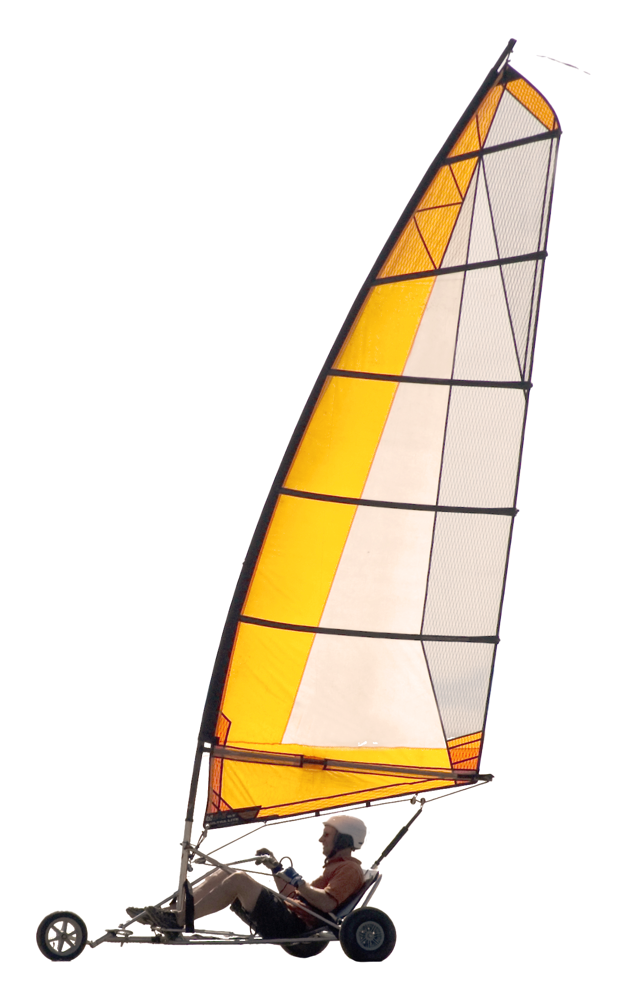 A man is sitting on a cart with a yellow sail