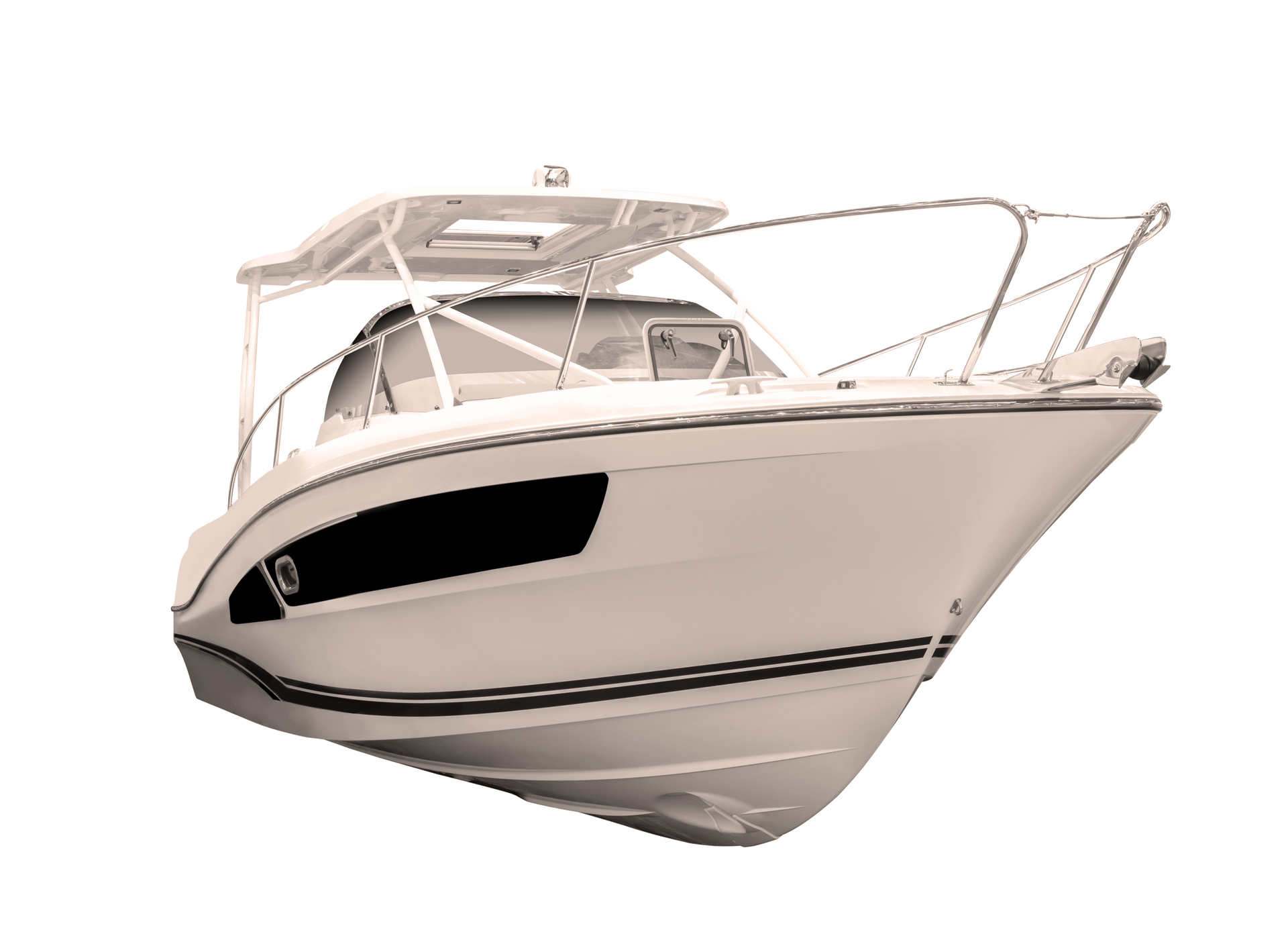 A white boat with a canopy on top of it on a white background.