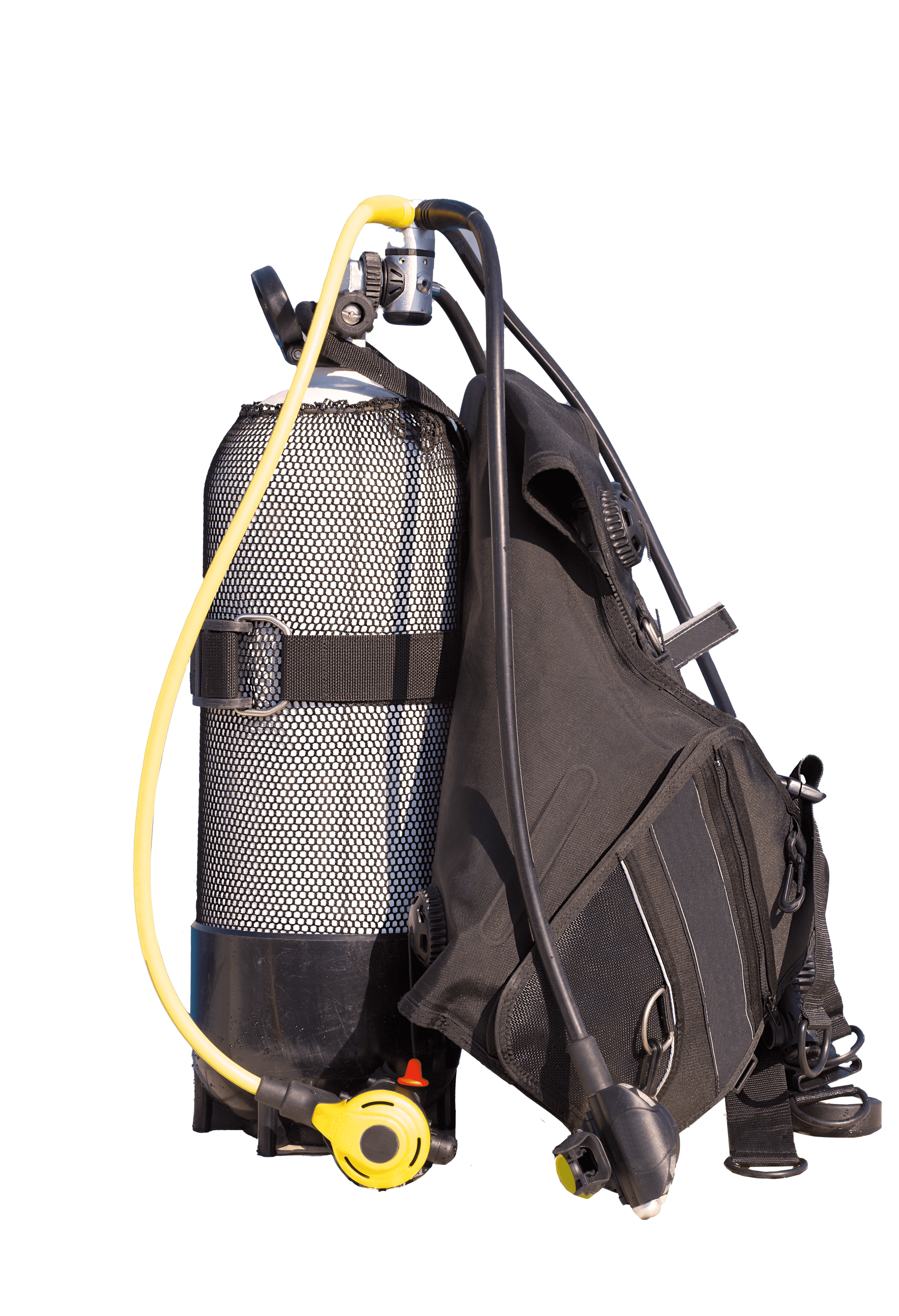 A scuba tank is attached to a backpack on a white background.