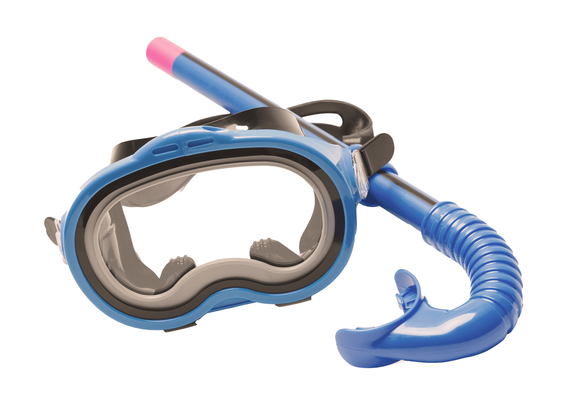 A blue goggles and snorkel on a white background
