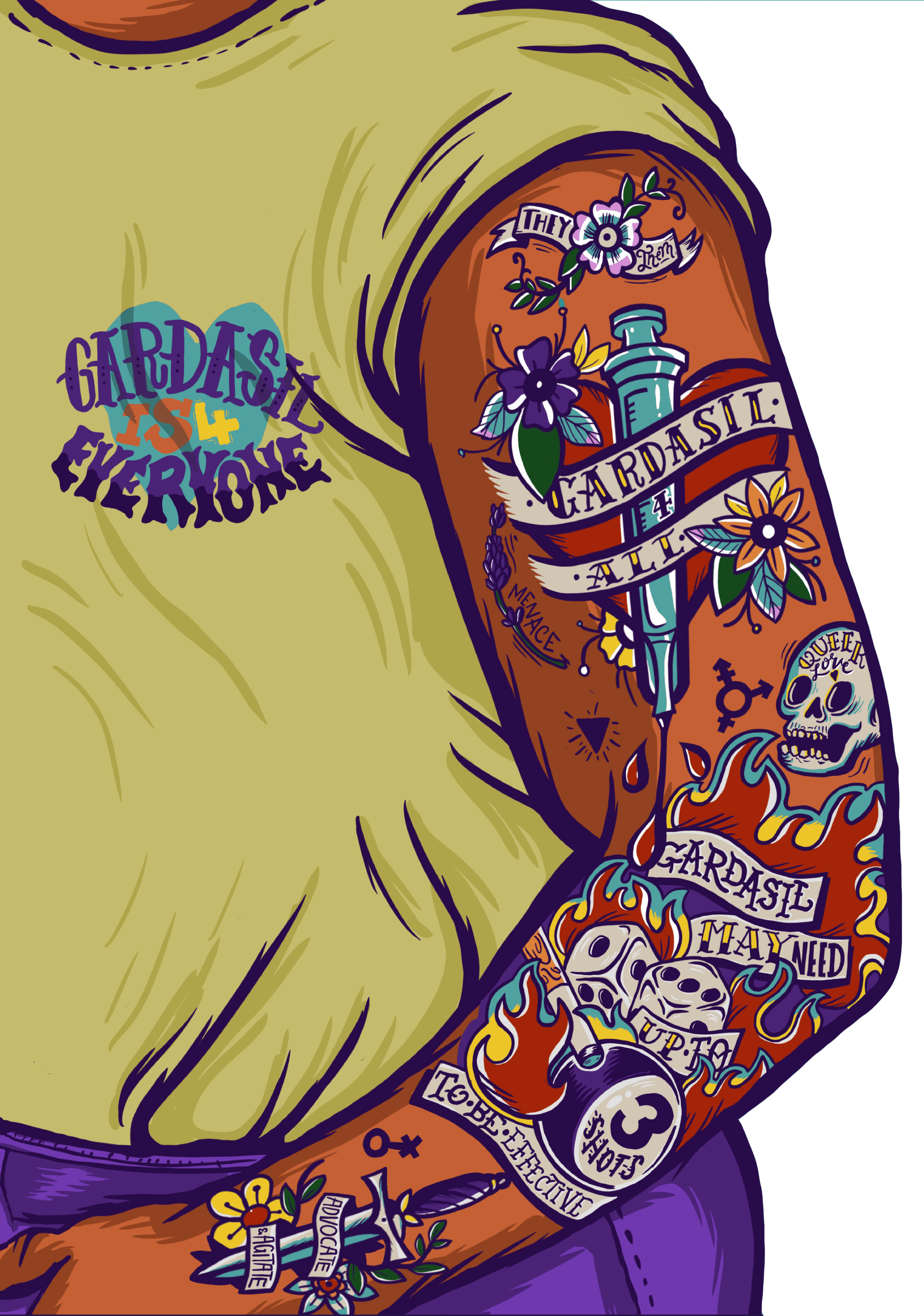 Gardasil is for Everyone illustration of LGBTIQ+ person with tattoo sleeve