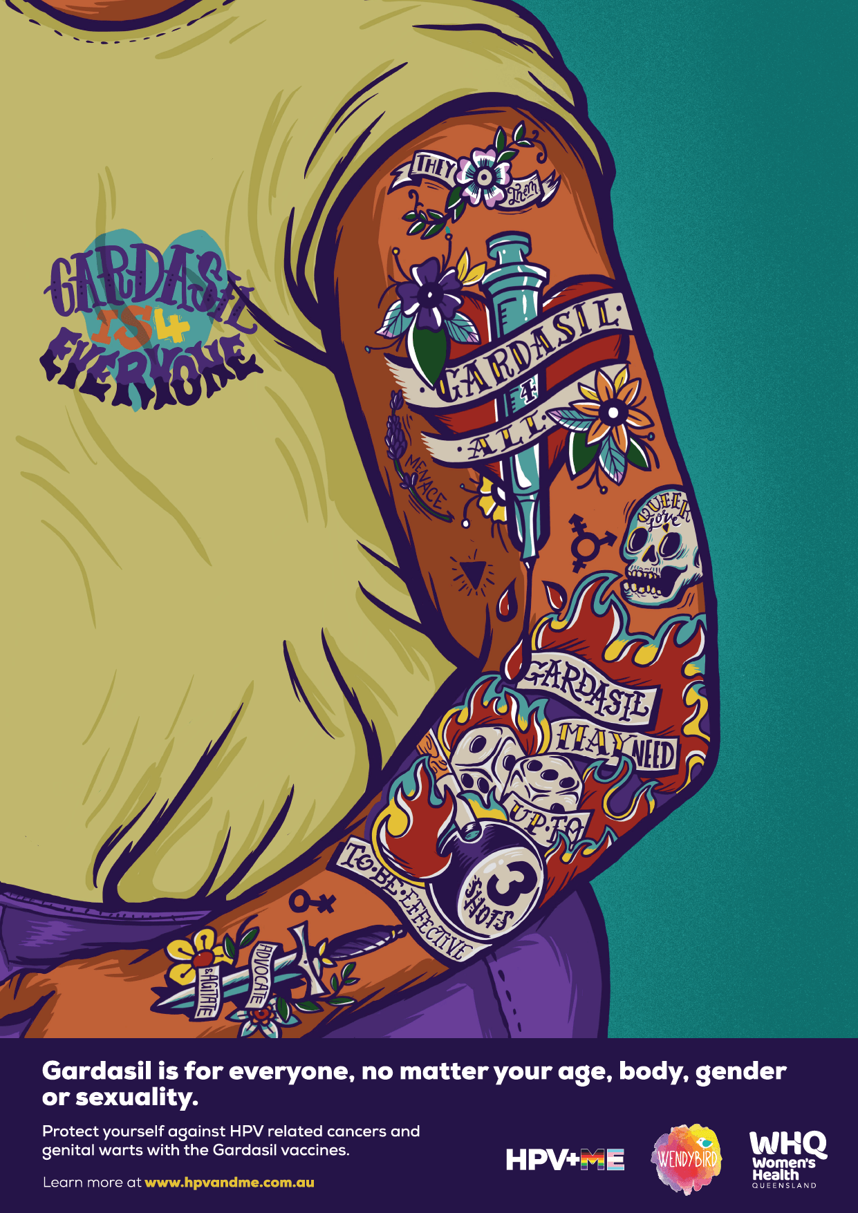 HPV+ME campaign illustration of non-binary person with cuffed shirt and sleeve of Gardasil tattoos