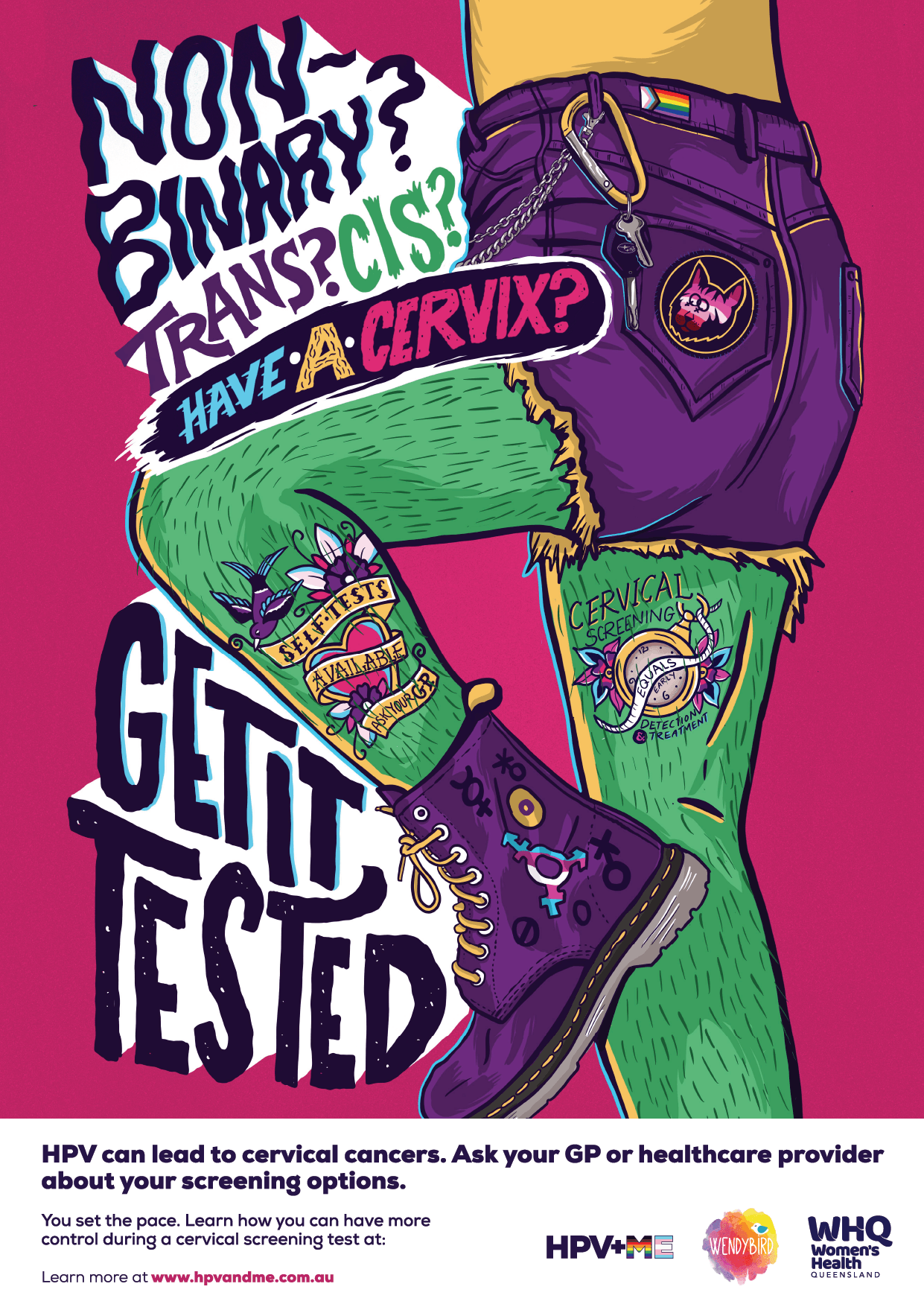 HPV+ME campaign illustration of non-binary person showing leg tattoos about cervical screening