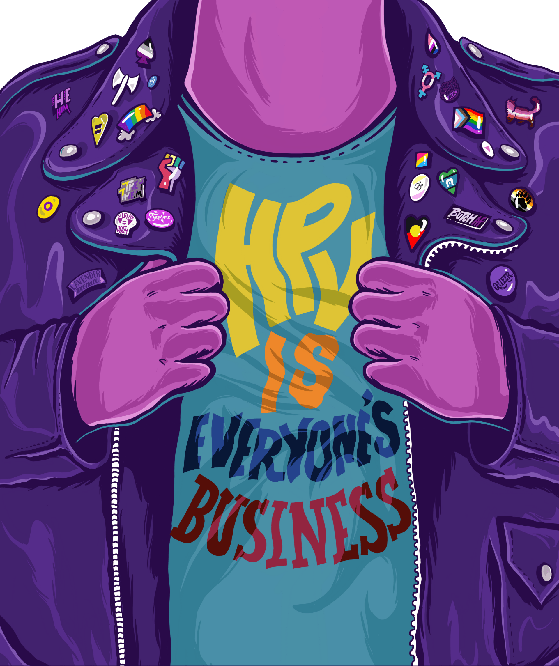 HPV ME campaign Poster illustration of person with purple skin holding open jacket with LGBTIQ pins