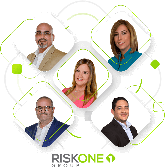 RiskOne Group logo with five professional headshots in diamond frames on a white background