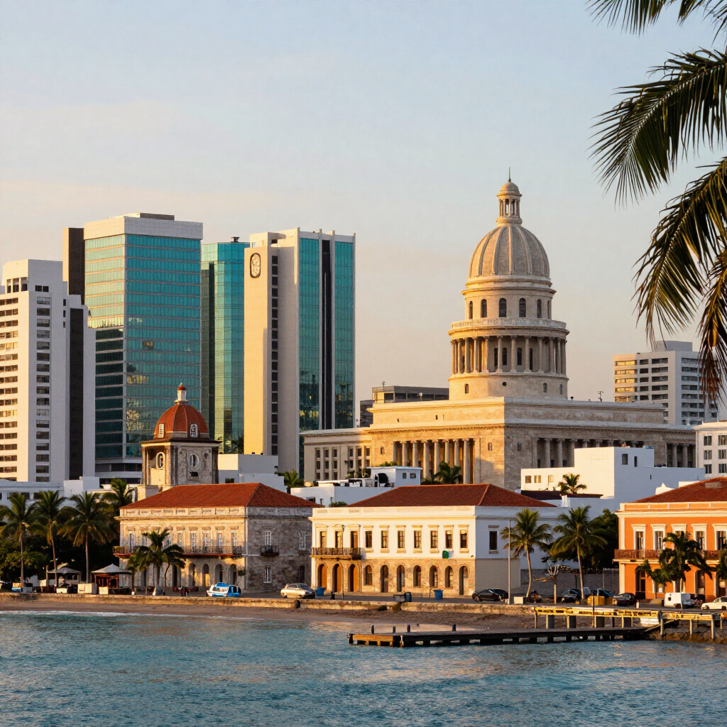 Puerto Rico skyline with a domed capitol building at sunset